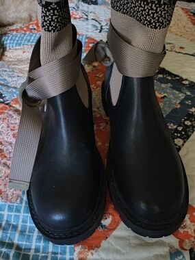Black Leather Ankle Boots with Knit Upper And Taupe Wrap Straps